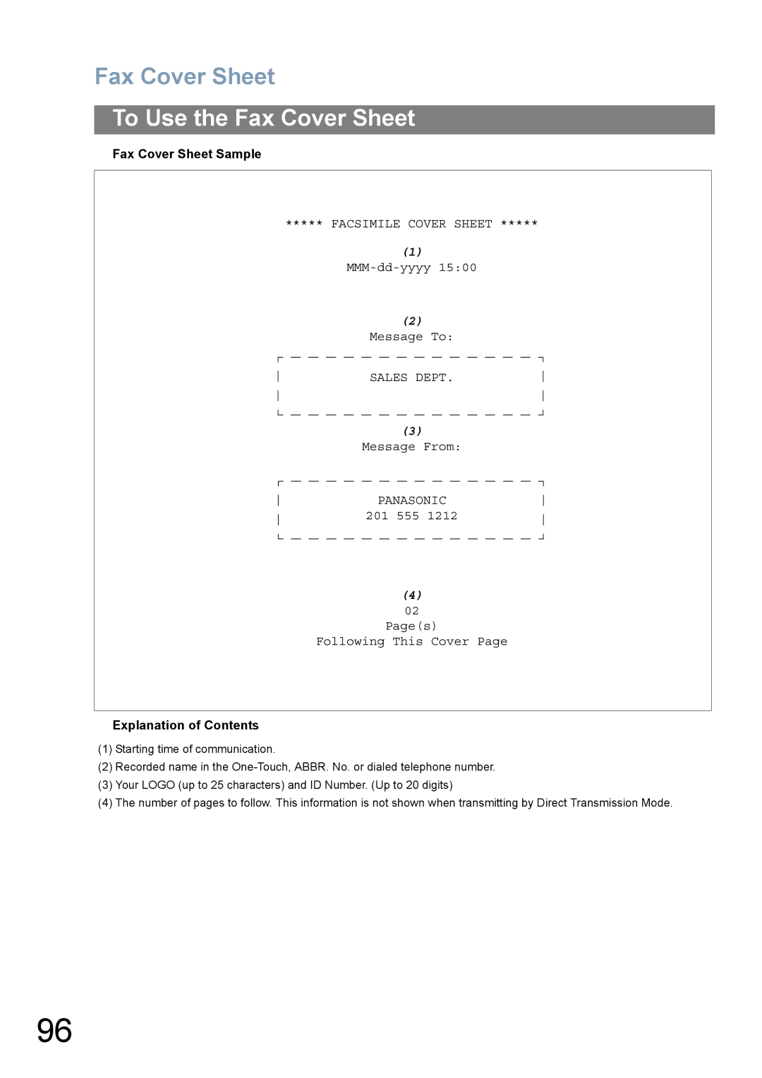 Panasonic UF-780/790 operating instructions Fax Cover Sheet Sample, Explanation of Contents 