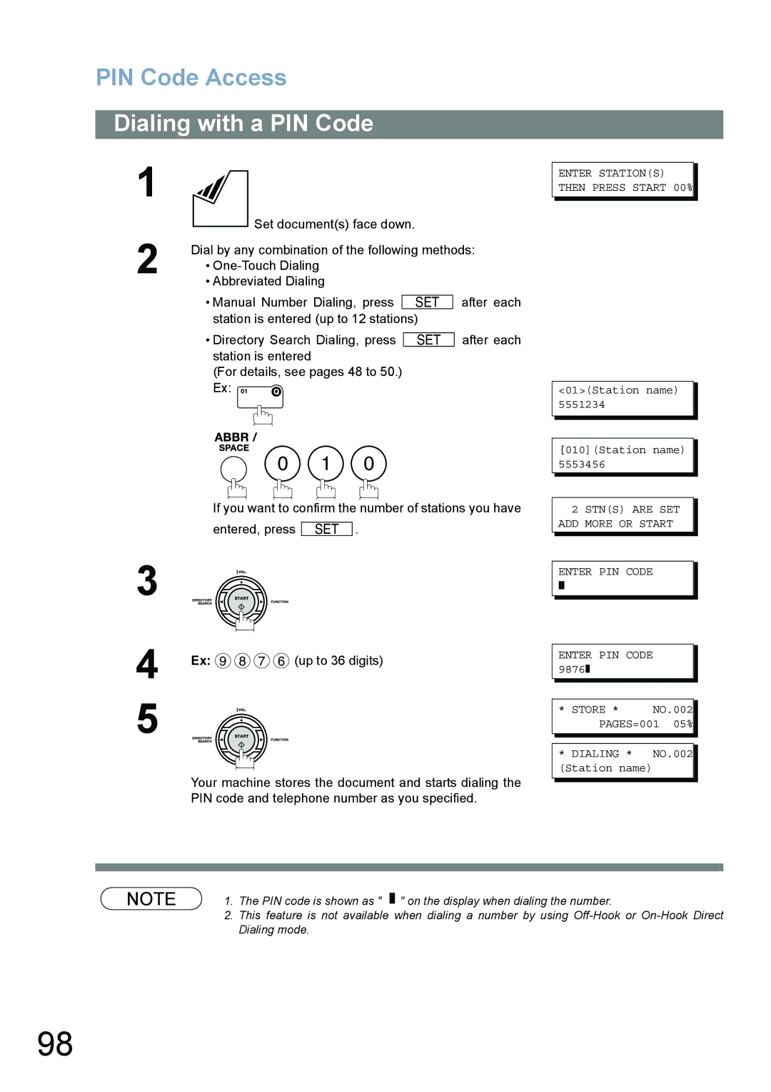 Panasonic UF-780/790 operating instructions Dialing with a PIN Code, Stns are SET ADD More or Start Enter PIN Code Store 