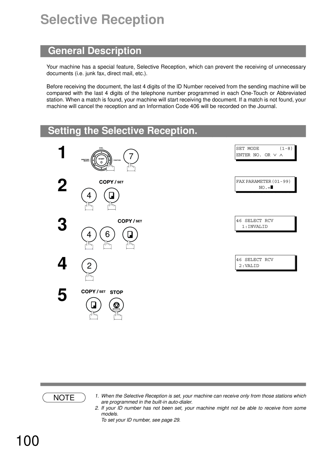 Panasonic UF-790 manual 100, Setting the Selective Reception 