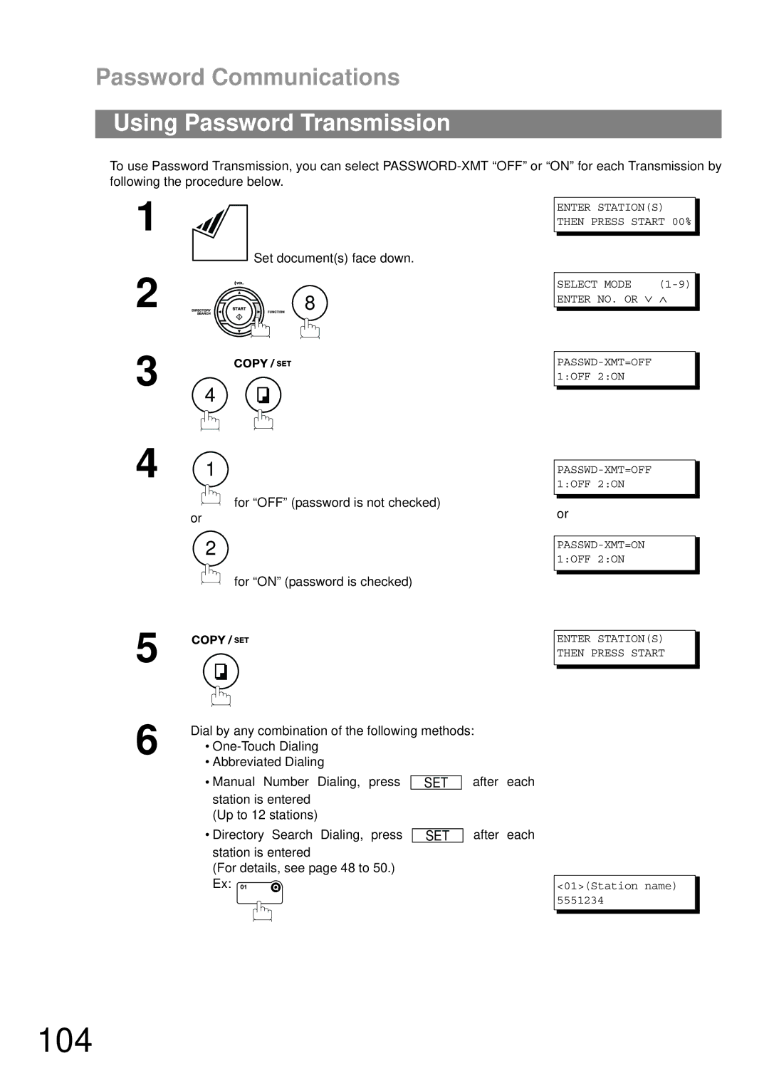 Panasonic UF-790 manual 104, Using Password Transmission, Station is entered For details, see page 48 to 50. Ex 