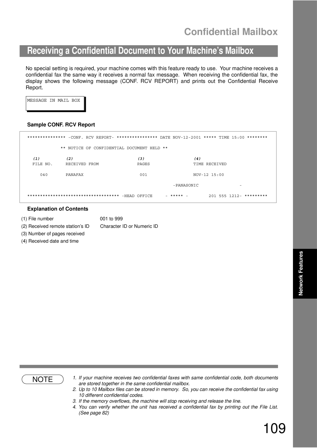 Panasonic UF-790 manual 109, Receiving a Confidential Document to Your Machine’s Mailbox, Sample CONF. RCV Report 