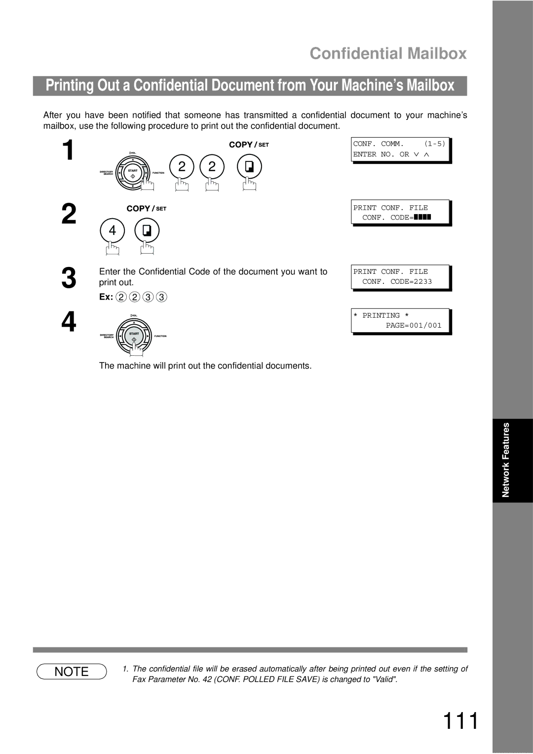 Panasonic UF-790 manual 111, Machine will print out the confidential documents 