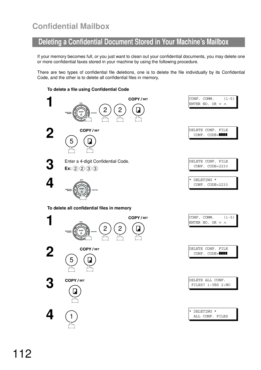 Panasonic UF-790 manual 112, To delete a file using Confidential Code, To delete all confidential files in memory 