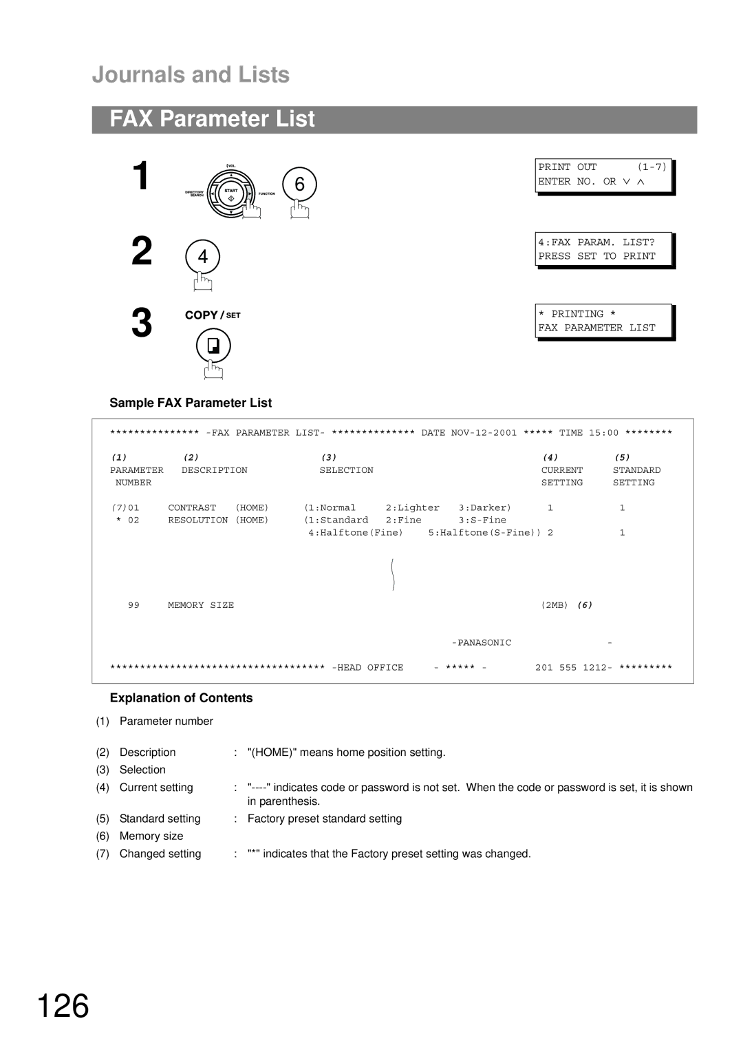 Panasonic UF-790 manual 126, Sample FAX Parameter List 