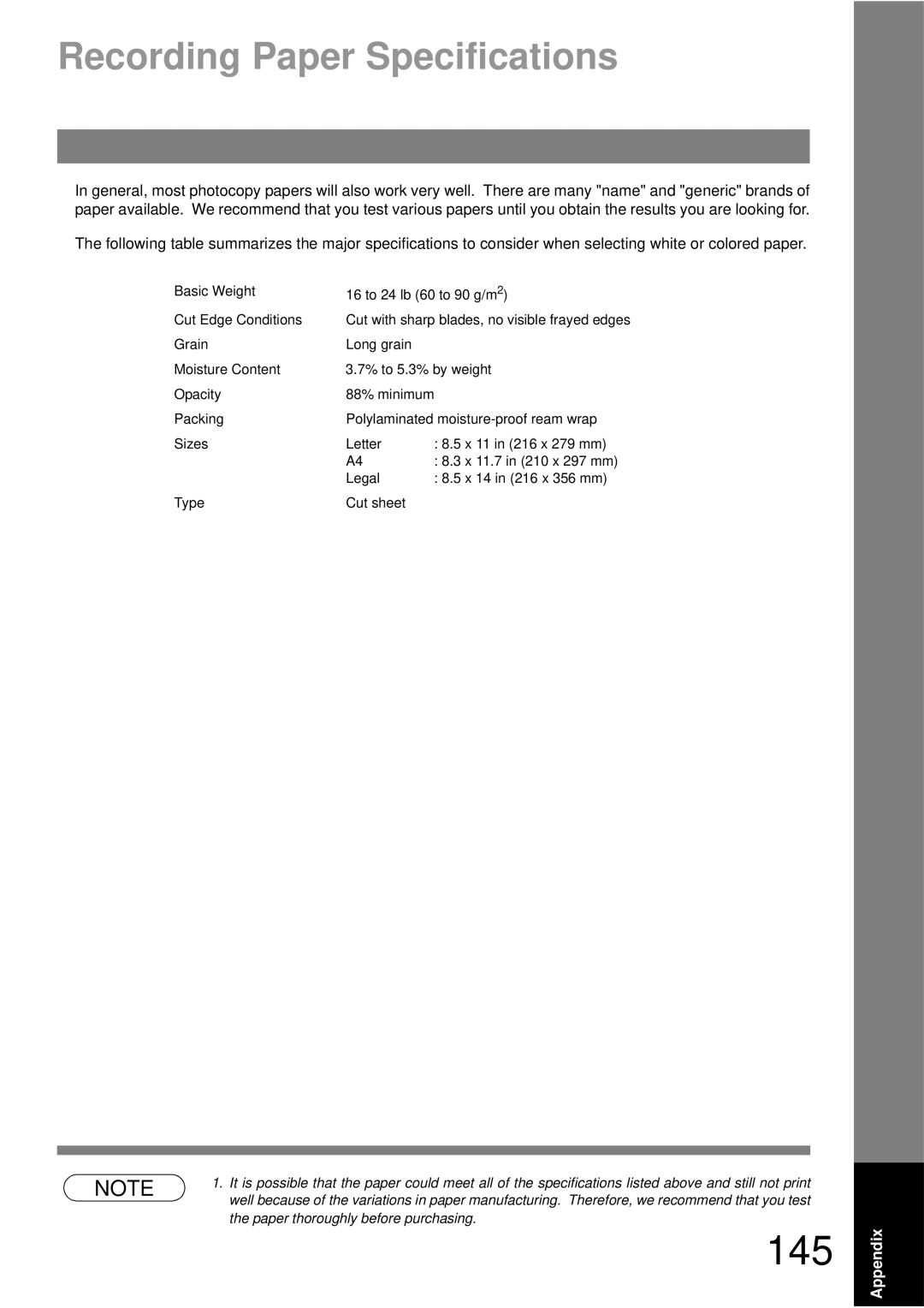 Panasonic UF-790 manual 145, Recording Paper Specifications 