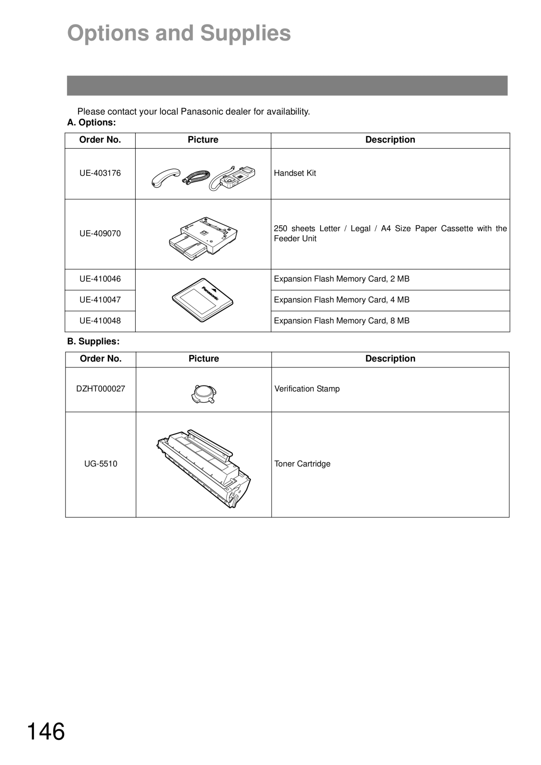 Panasonic UF-790 manual 146, Options and Supplies, Please contact your local Panasonic dealer for availability 