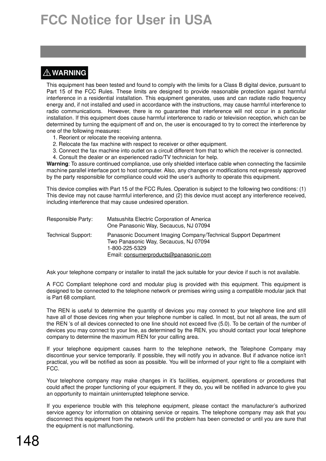 Panasonic UF-790 manual 148, FCC Notice for User in USA 