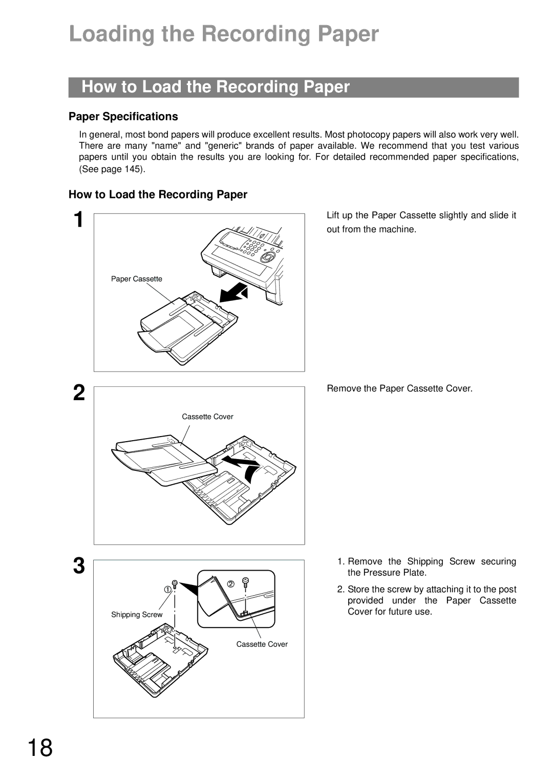 Panasonic UF-790 manual Loading the Recording Paper, How to Load the Recording Paper, Paper Specifications 