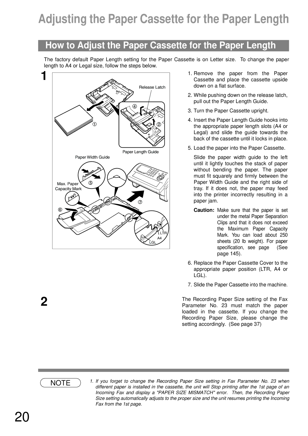 Panasonic UF-790 Adjusting the Paper Cassette for the Paper Length, How to Adjust the Paper Cassette for the Paper Length 