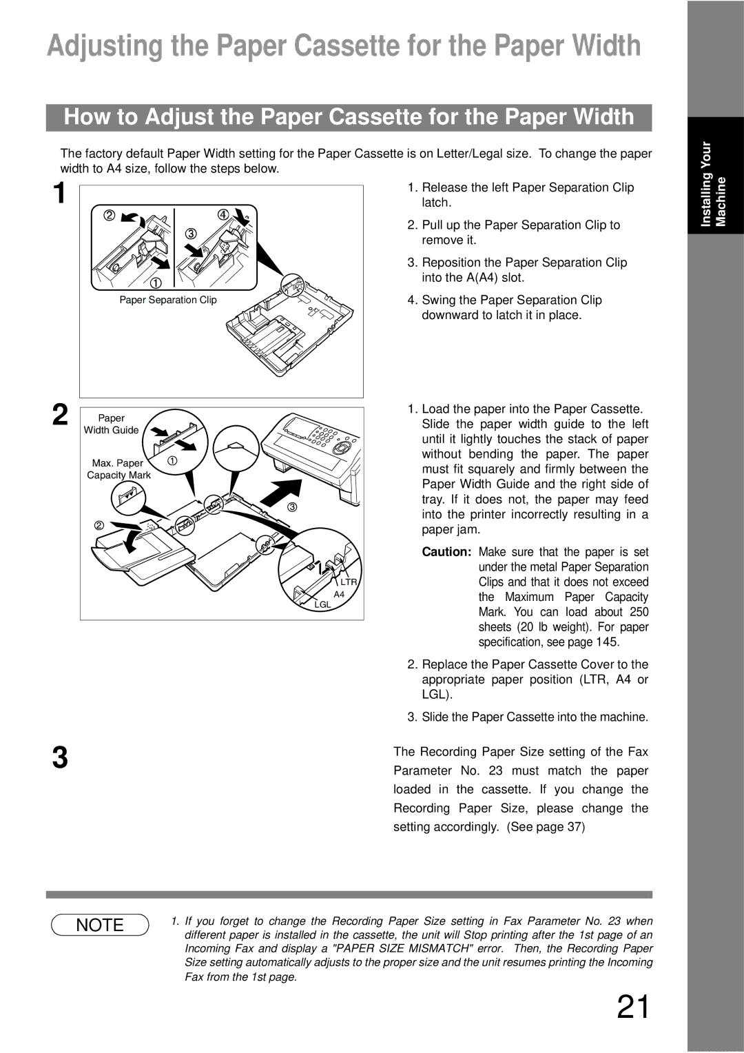 Panasonic UF-790 Adjusting the Paper Cassette for the Paper Width, How to Adjust the Paper Cassette for the Paper Width 