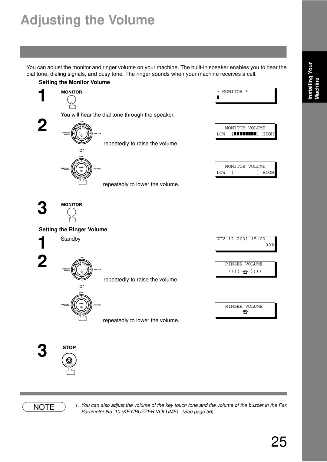 Panasonic UF-790 manual Adjusting the Volume, Setting the Monitor Volume, Setting the Ringer Volume 