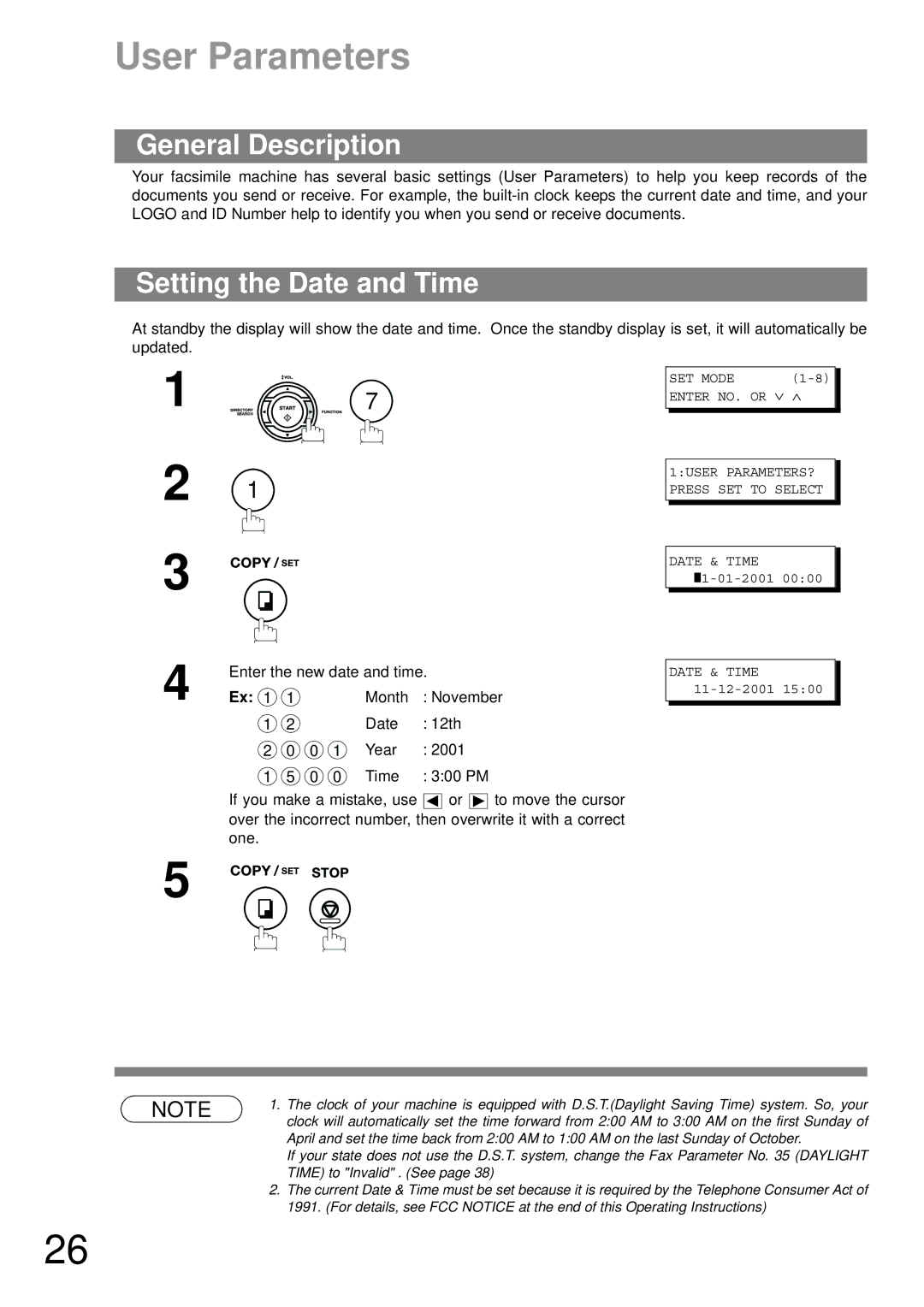 Panasonic UF-790 manual User Parameters, General Description, Setting the Date and Time 