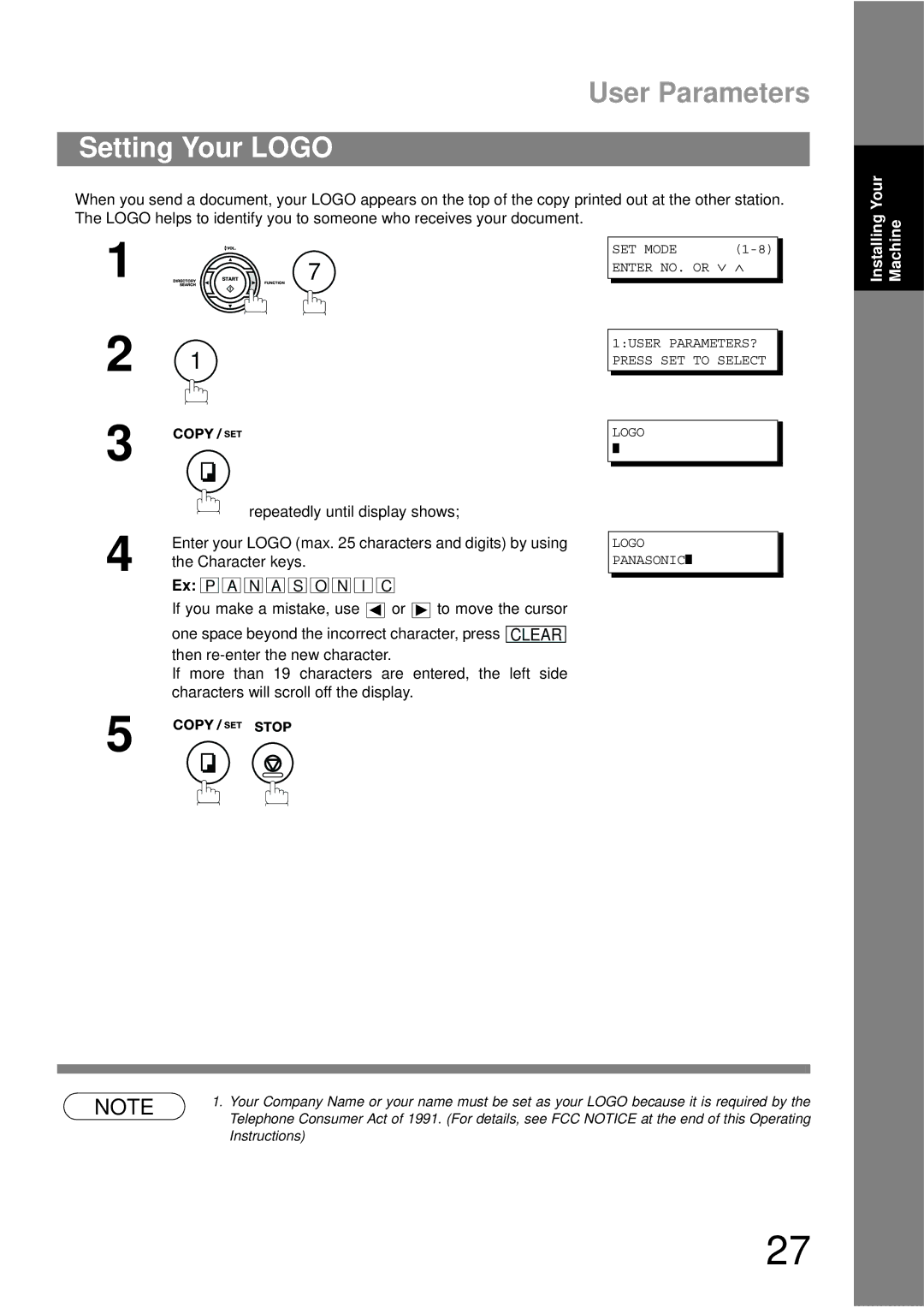 Panasonic UF-790 manual User Parameters, Setting Your Logo 