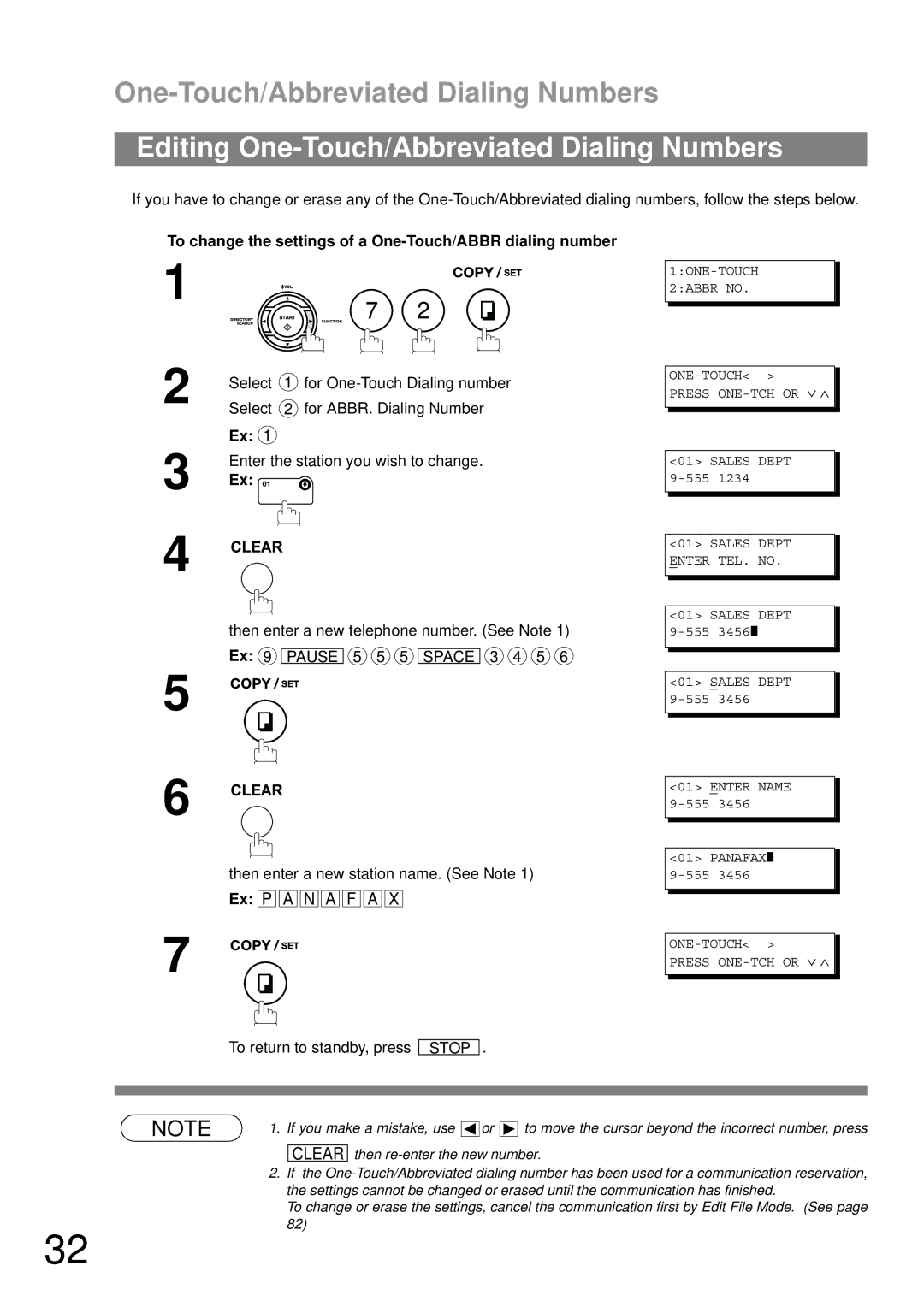 Panasonic UF-790 Editing One-Touch/Abbreviated Dialing Numbers, To change the settings of a One-Touch/ABBR dialing number 