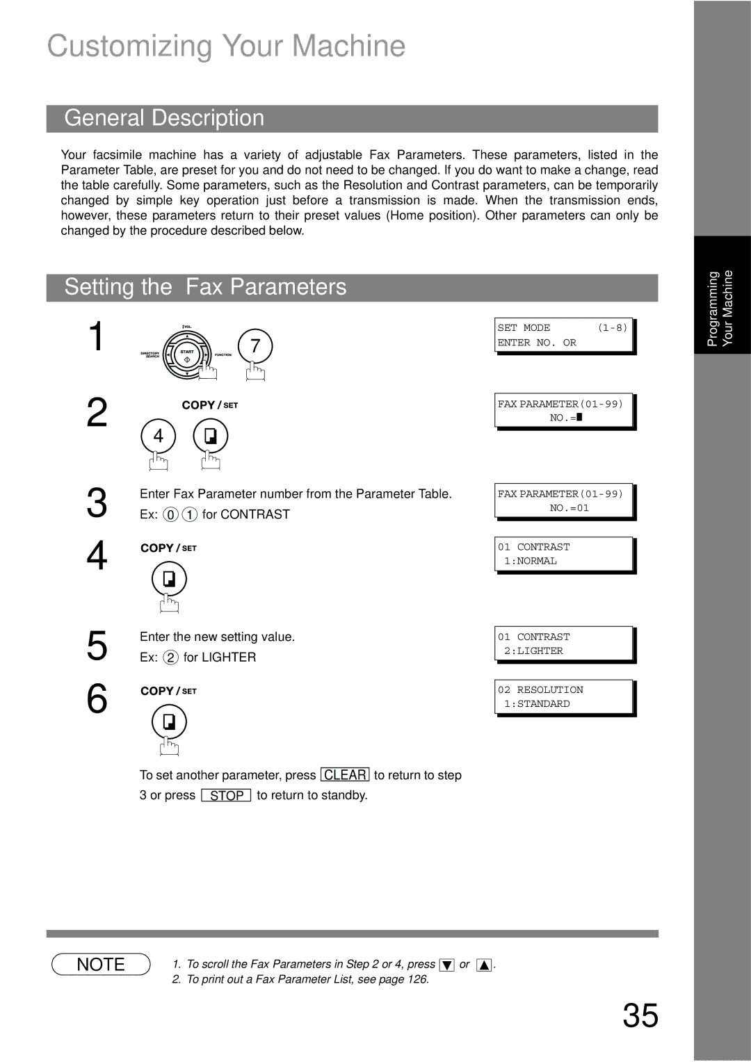 Panasonic UF-790 manual Customizing Your Machine, Setting the Fax Parameters, Ex 0 1 for Contrast, Ex 2 for Lighter 