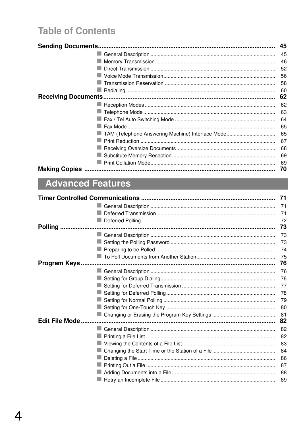 Panasonic UF-790 manual Advanced Features, Table of Contents 