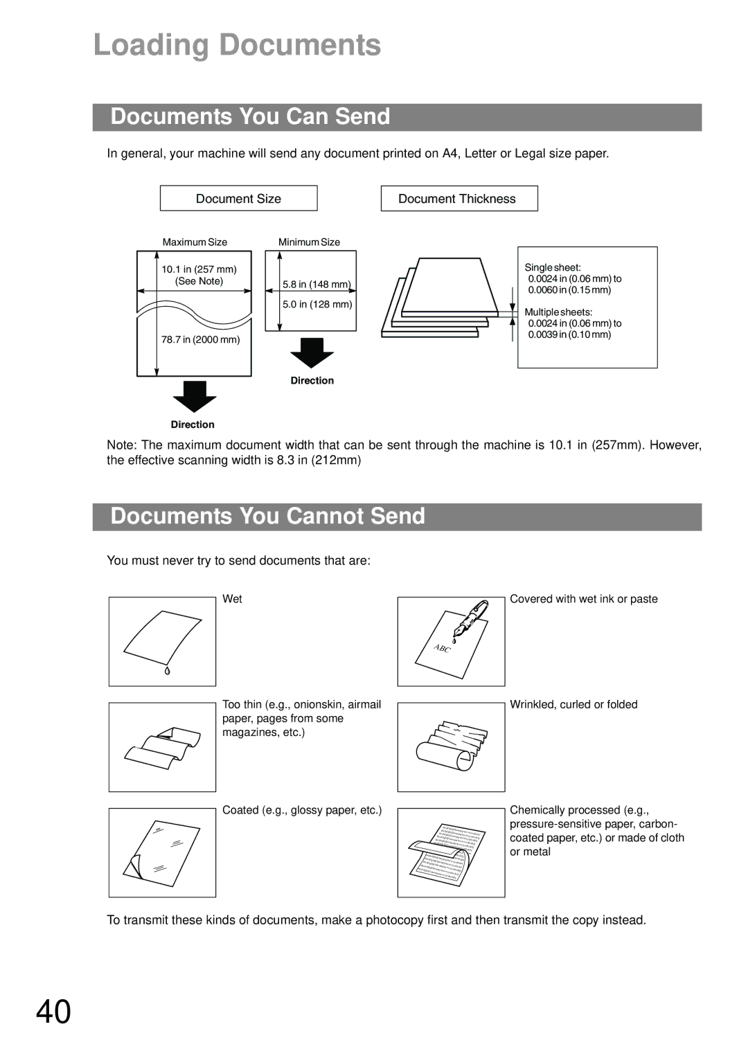 Panasonic UF-790 manual Loading Documents, Documents You Can Send, Documents You Cannot Send 