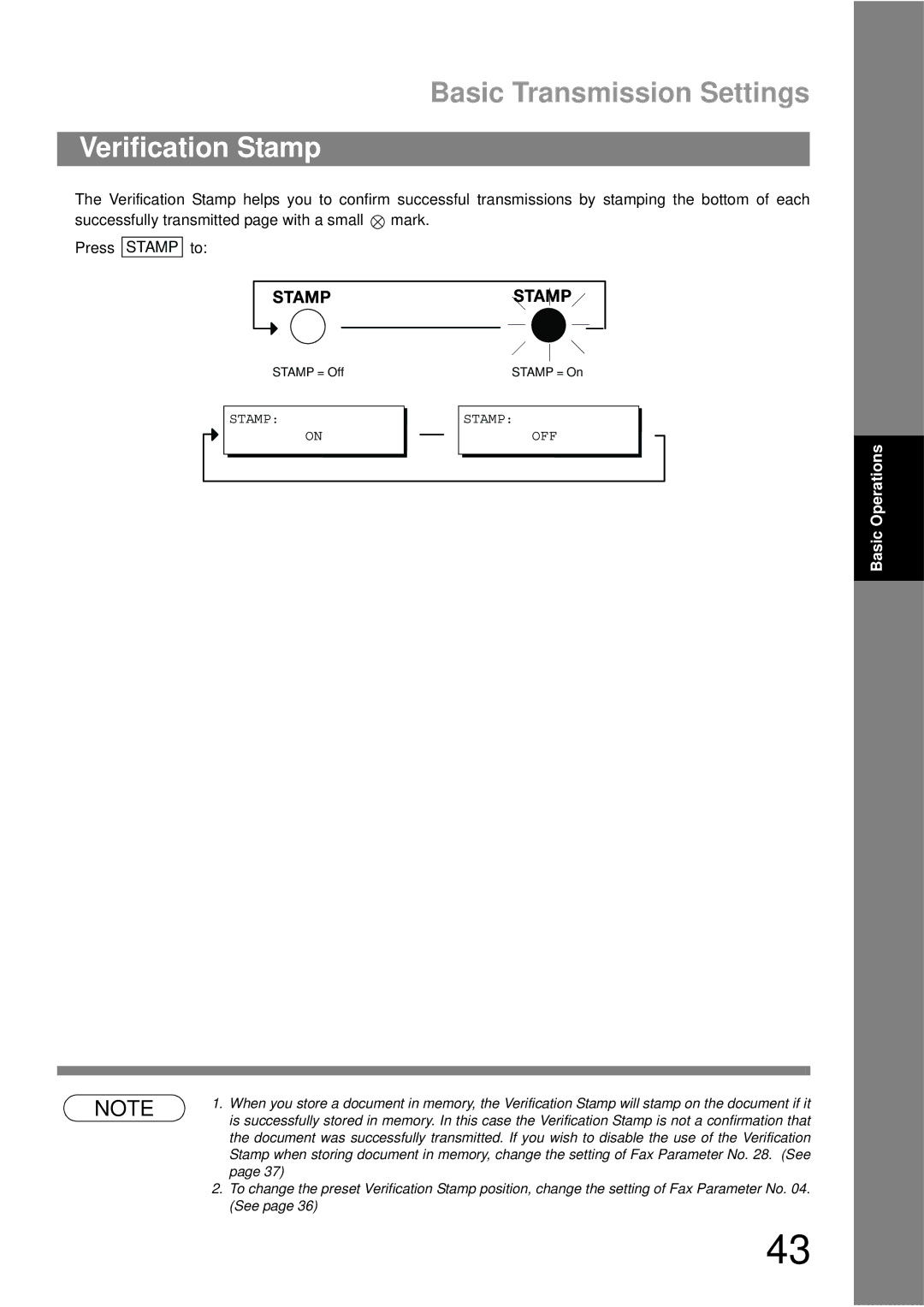 Panasonic UF-790 manual Basic Transmission Settings, Verification Stamp 