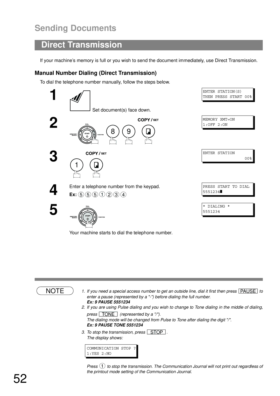 Panasonic UF-790 manual Manual Number Dialing Direct Transmission 