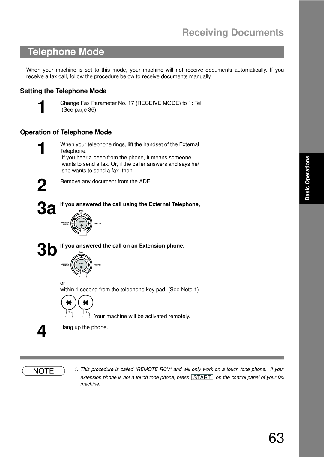 Panasonic UF-790 manual Receiving Documents, Setting the Telephone Mode, Operation of Telephone Mode 