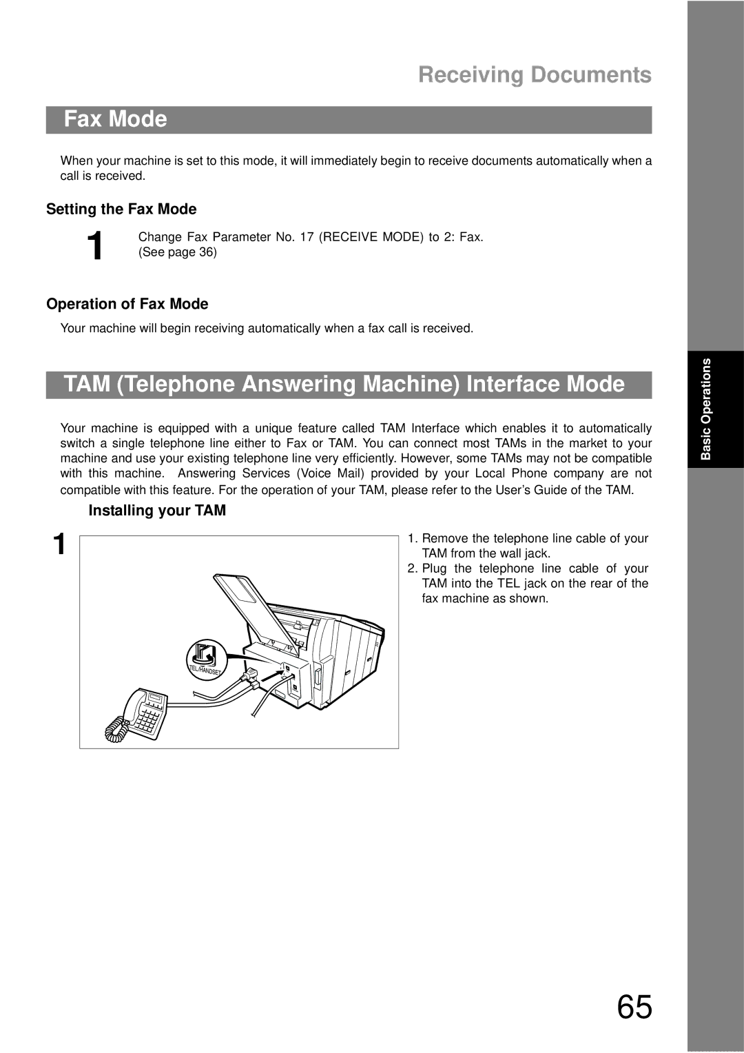 Panasonic UF-790 manual TAM Telephone Answering Machine Interface Mode, Setting the Fax Mode, Operation of Fax Mode 