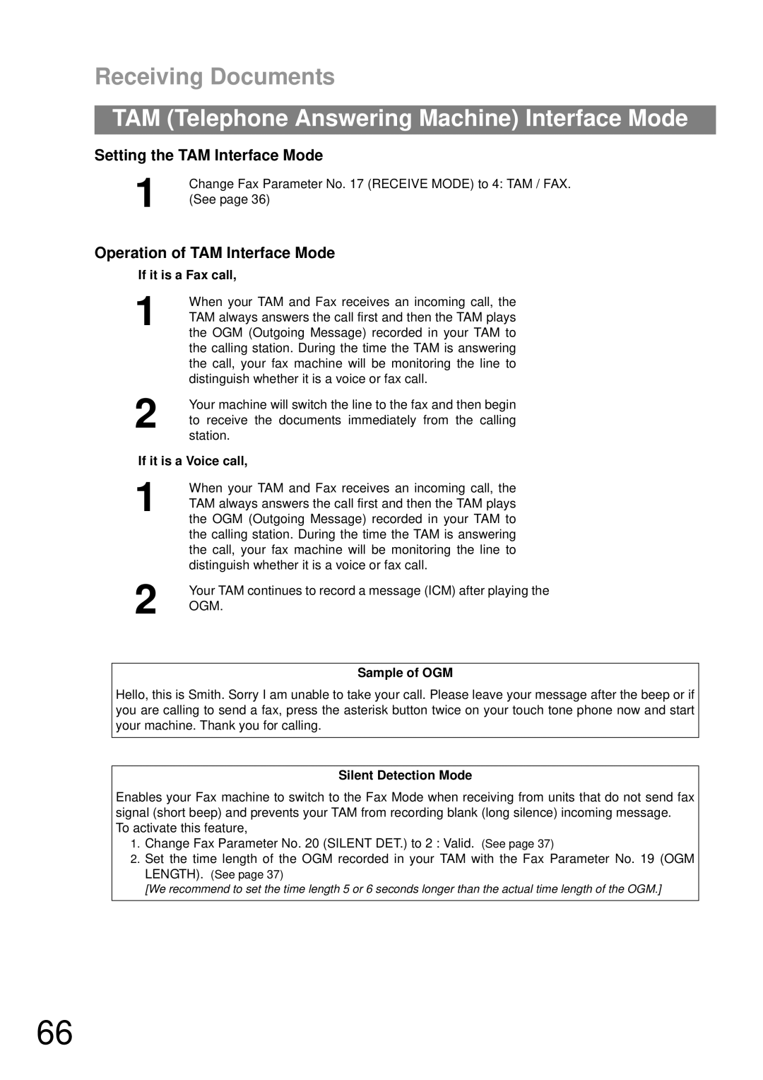 Panasonic UF-790 Setting the TAM Interface Mode, Operation of TAM Interface Mode, Sample of OGM, Silent Detection Mode 