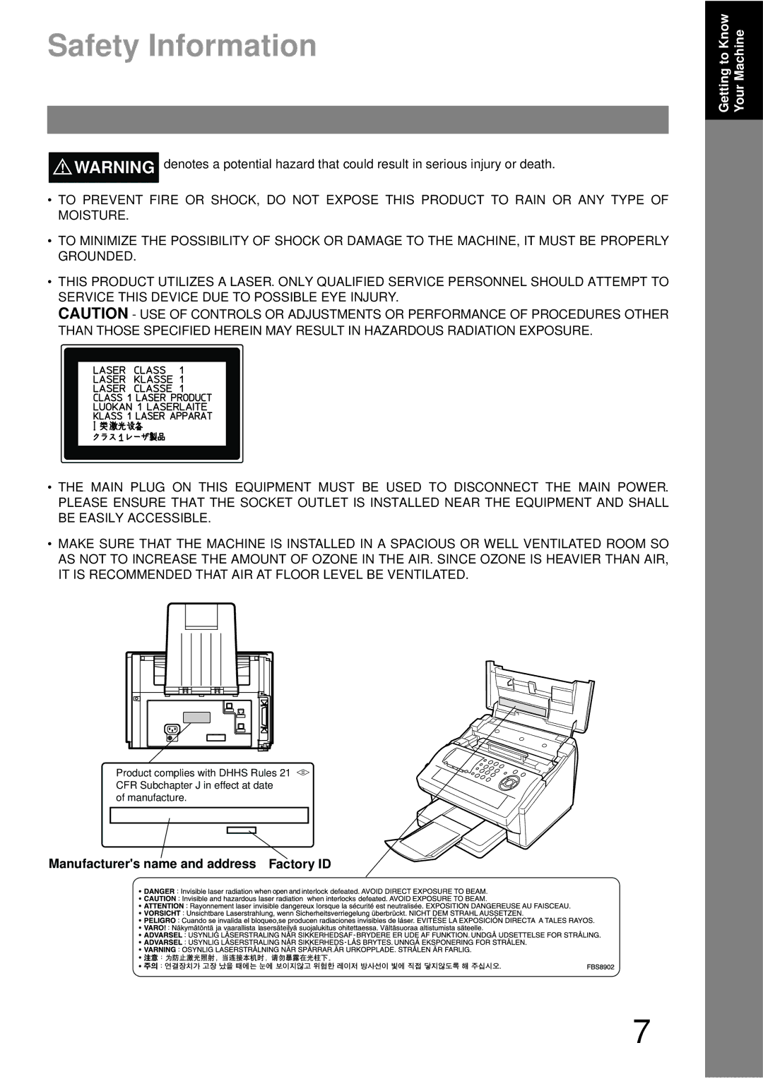 Panasonic UF-790 manual Safety Information, Manufacturers name and address Factory ID 