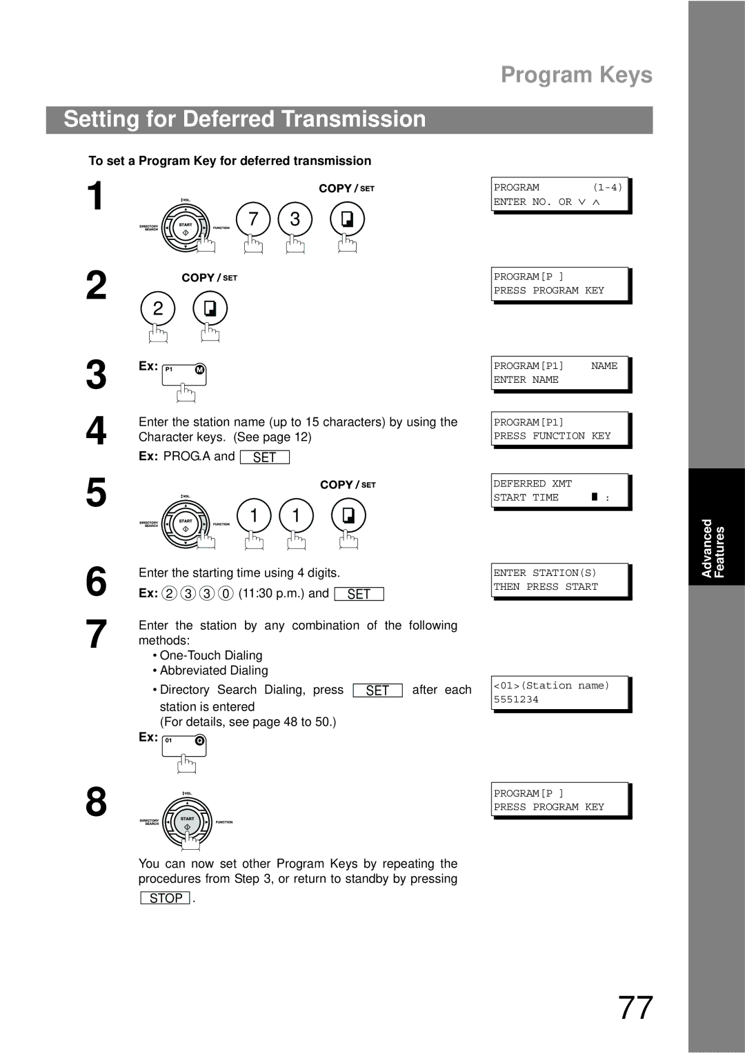 Panasonic UF-790 manual Setting for Deferred Transmission, Program Keys, To set a Program Key for deferred transmission 