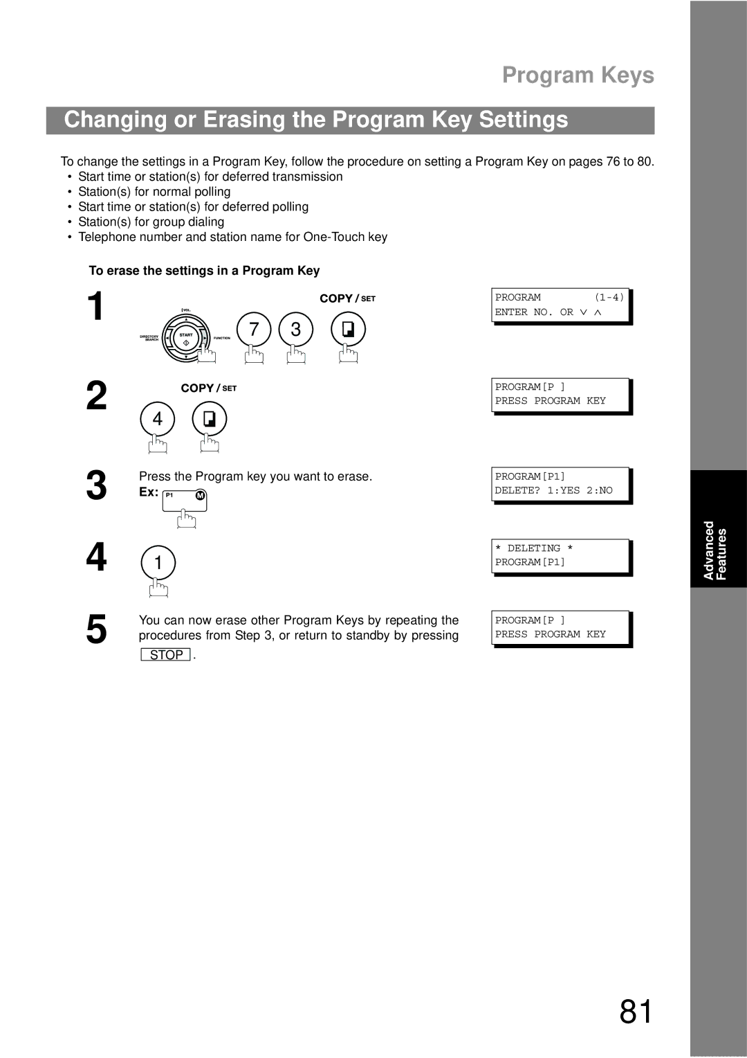 Panasonic UF-790 manual Changing or Erasing the Program Key Settings, To erase the settings in a Program Key 