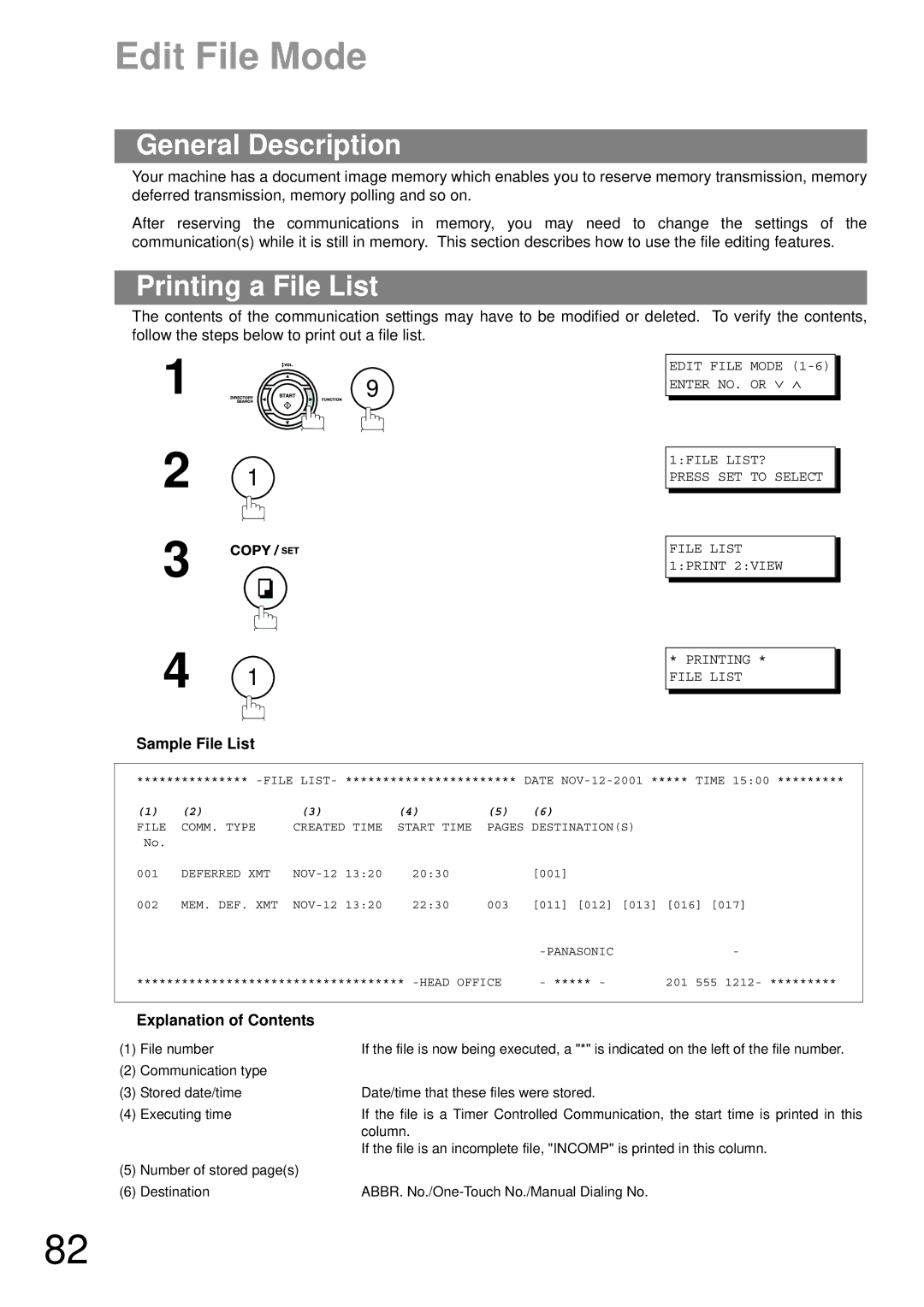 Panasonic UF-790 manual Edit File Mode, Printing a File List, Sample File List, Explanation of Contents 