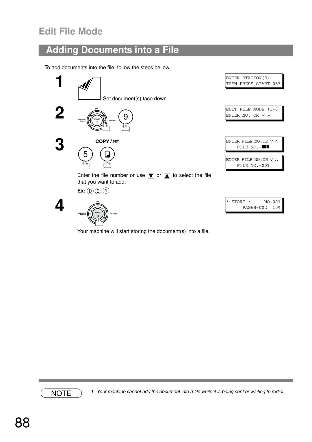 Panasonic UF-790 manual Adding Documents into a File, To add documents into the file, follow the steps bellow 