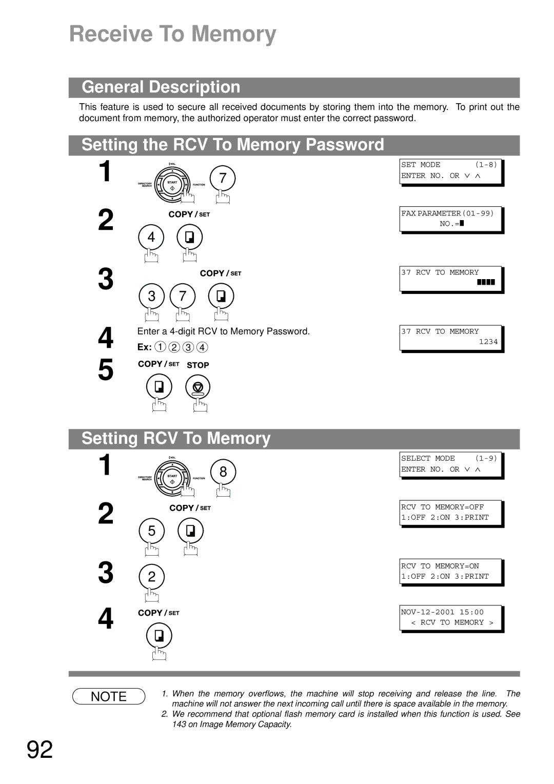 Panasonic UF-790 manual Receive To Memory, Setting the RCV To Memory Password, Setting RCV To Memory 