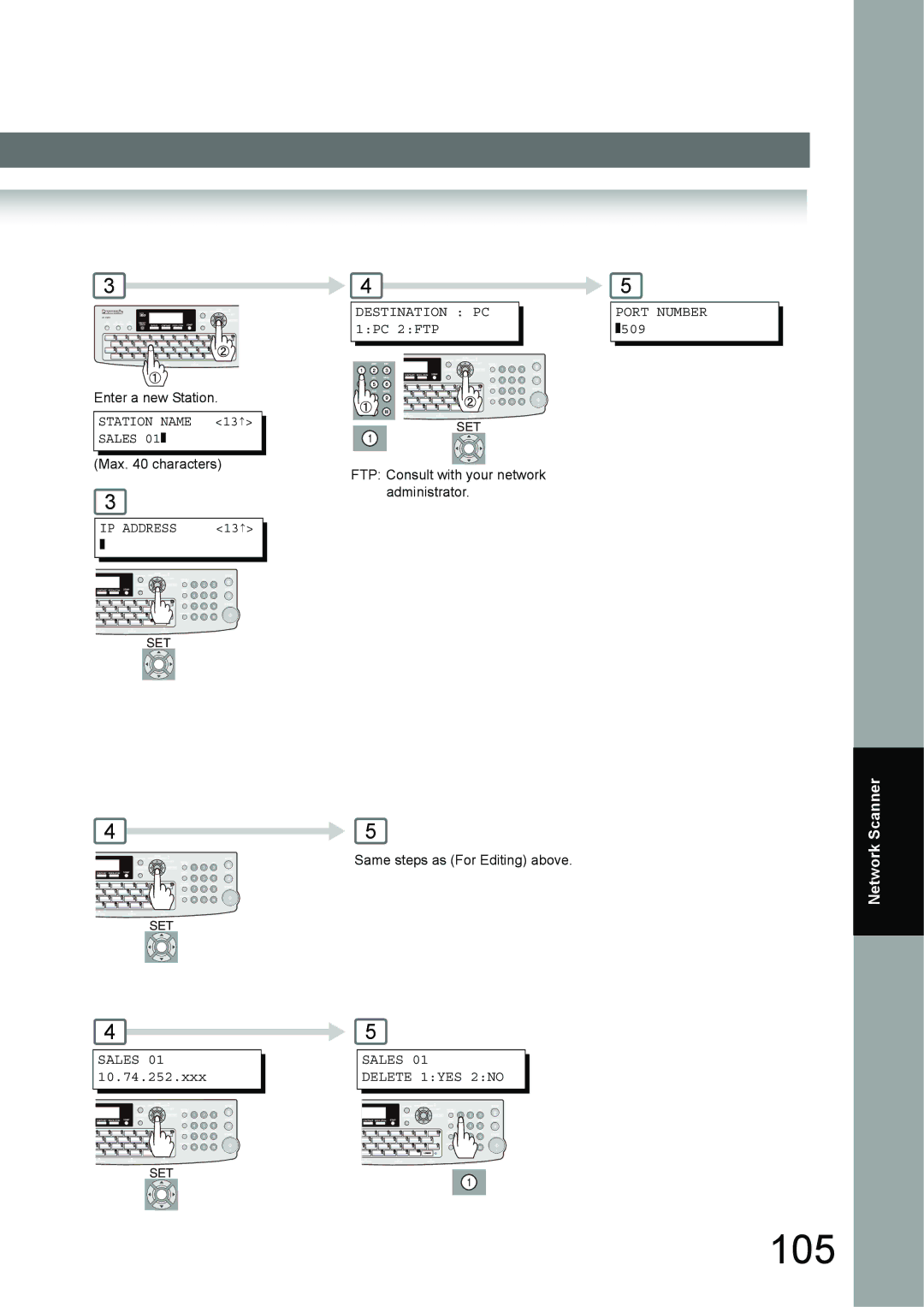 Panasonic UF-6950, UF-7950 appendix 105, Station Name 13↑ Sales, Destination PC Port Number, Sales Delete 1YES 2NO 