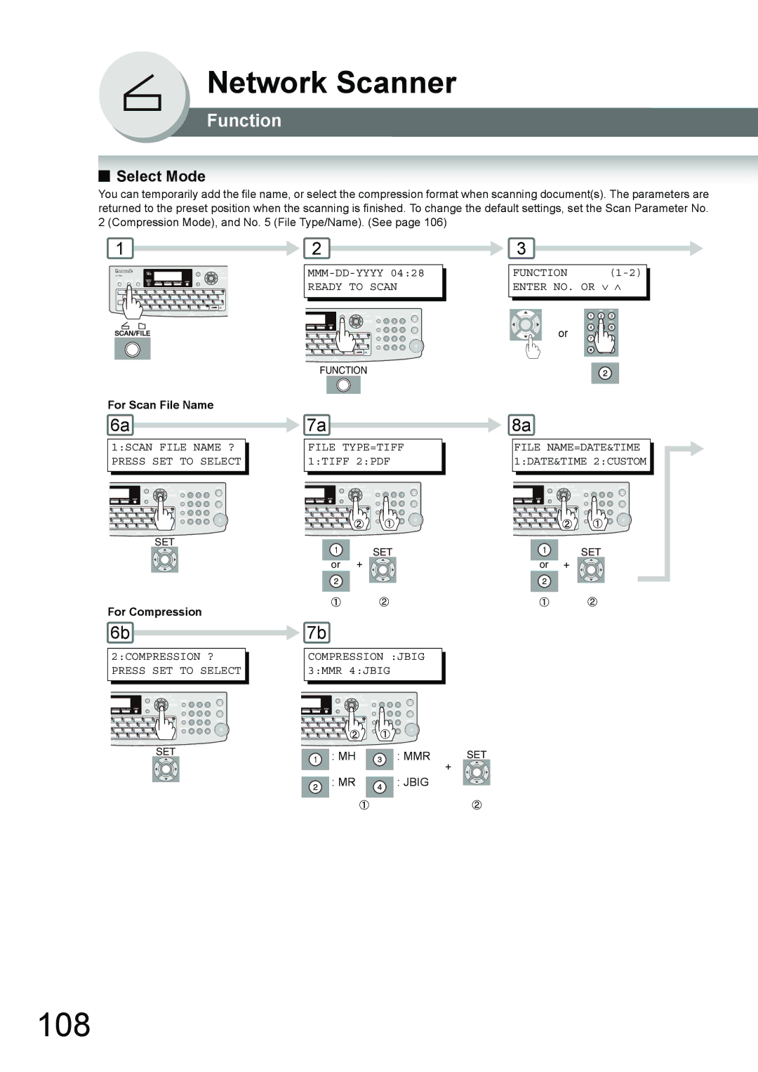 Panasonic UF-7950, UF-6950 appendix 108, Select Mode, For Scan File Name, For Compression 