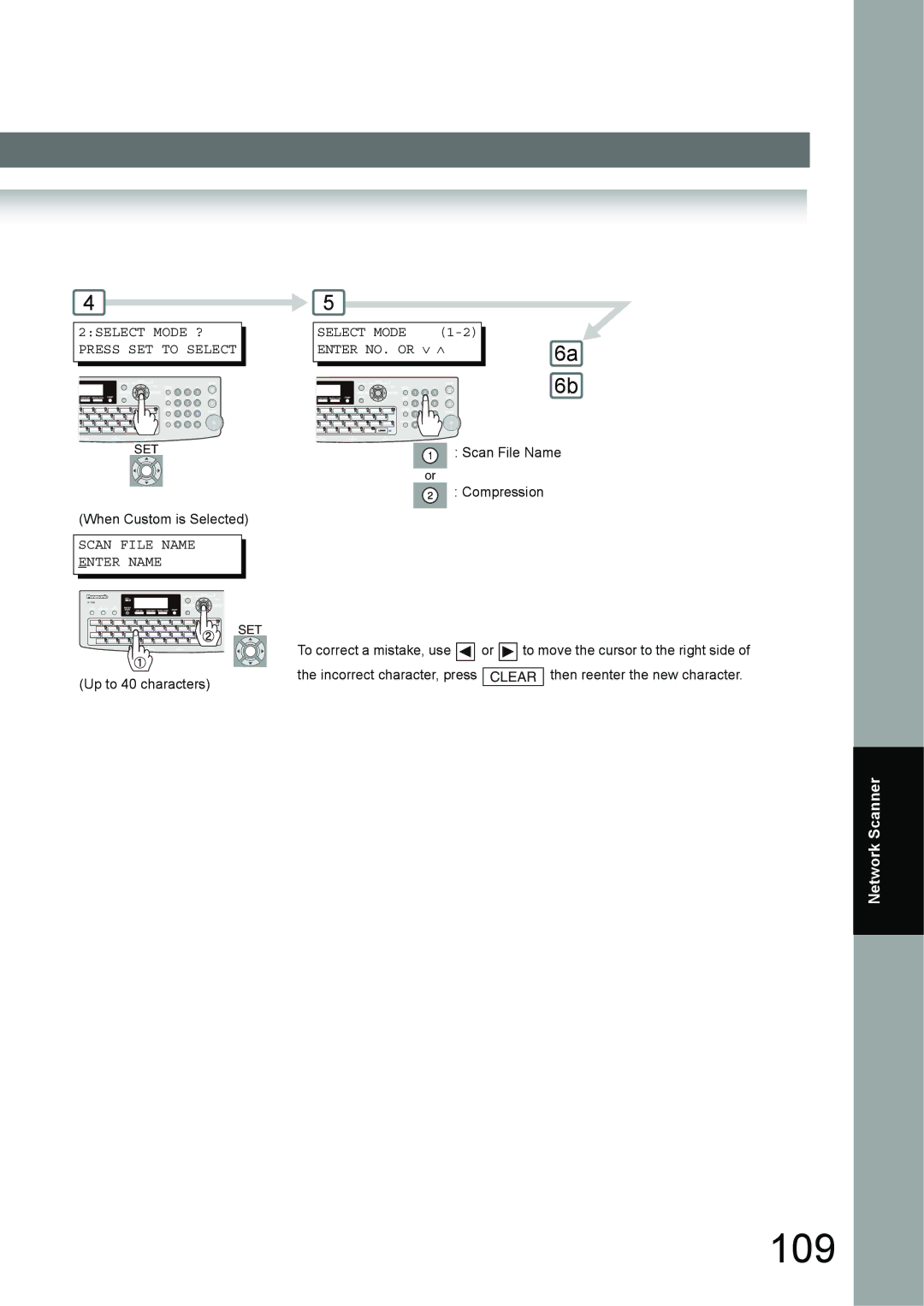 Panasonic UF-6950 appendix 109, 2SELECT Mode ? Press SET to Select, Scan File Name Enter Name, Select Mode Enter NO. or ∨ ∧ 