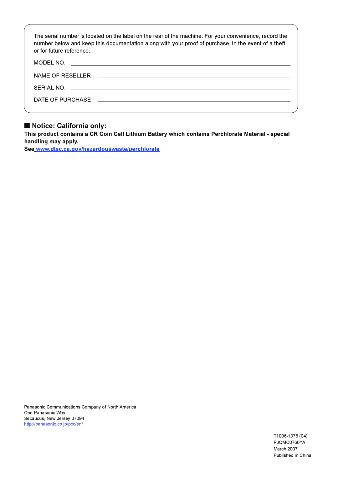 Panasonic UF-7950, UF-6950 appendix Model no Name of Reseller Serial no Date of Purchase 