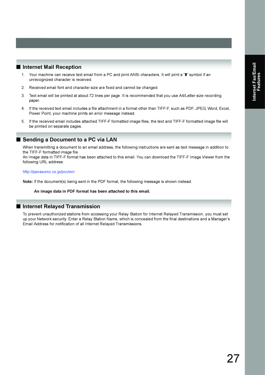 Panasonic UF-6950, UF-7950 appendix Sending a Document to a PC via LAN, Internet Relayed Transmission 