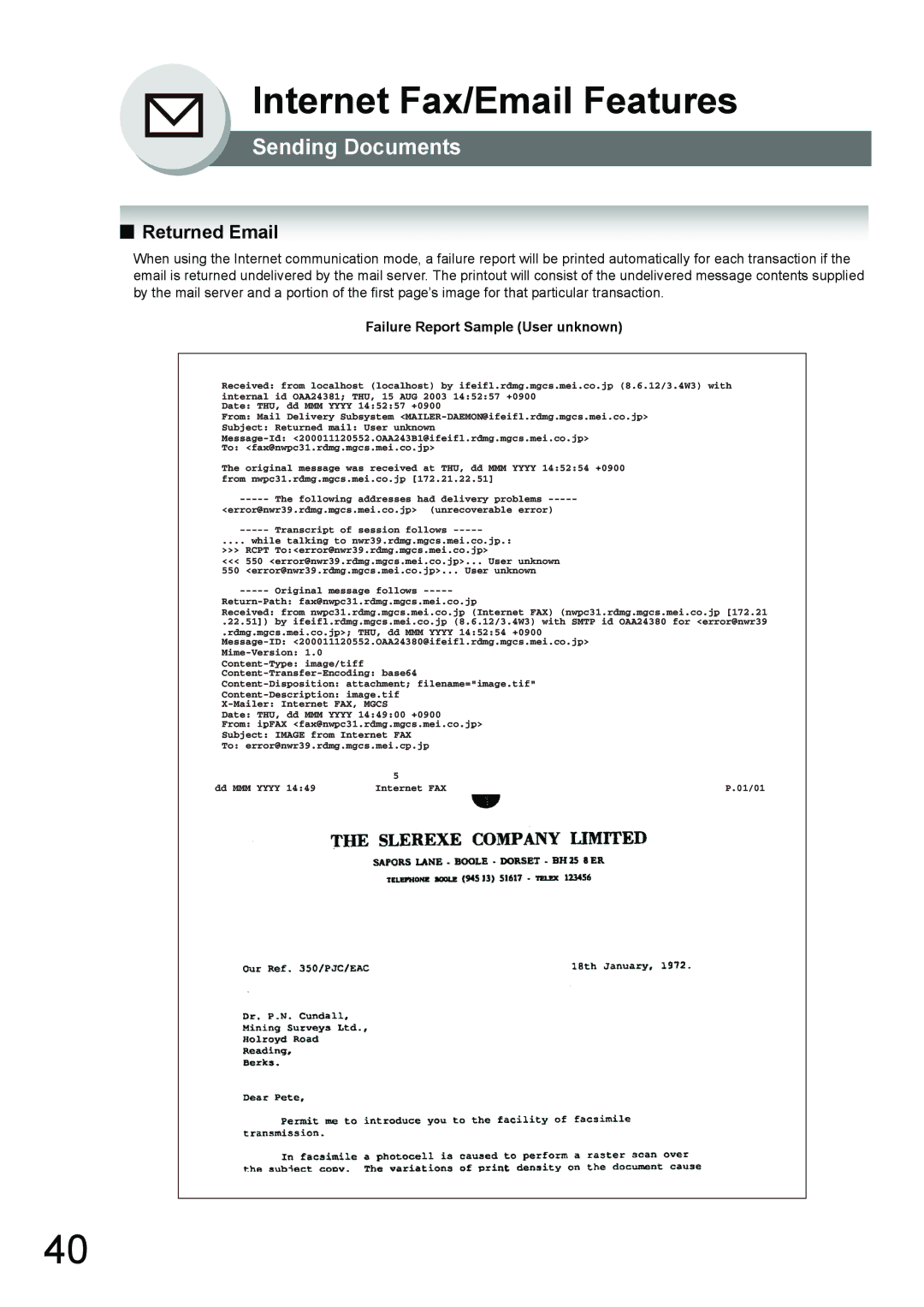 Panasonic UF-7950, UF-6950 appendix Returned Email, Failure Report Sample User unknown 