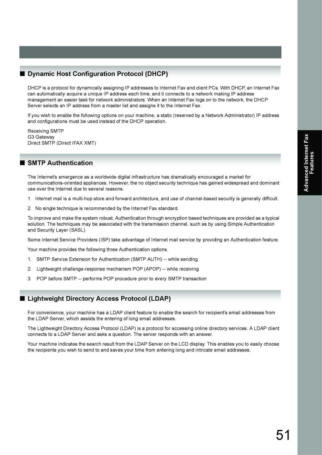 Panasonic UF-6950, UF-7950 appendix Dynamic Host Configuration Protocol Dhcp, Smtp Authentication 