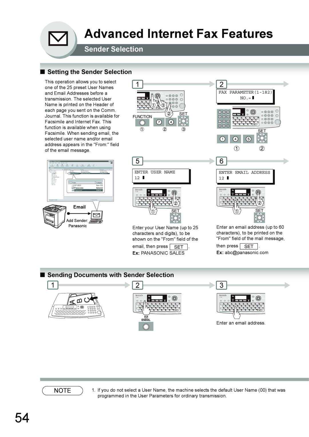 Panasonic UF-7950, UF-6950 Setting the Sender Selection, Sending Documents with Sender Selection, Enter User Name 