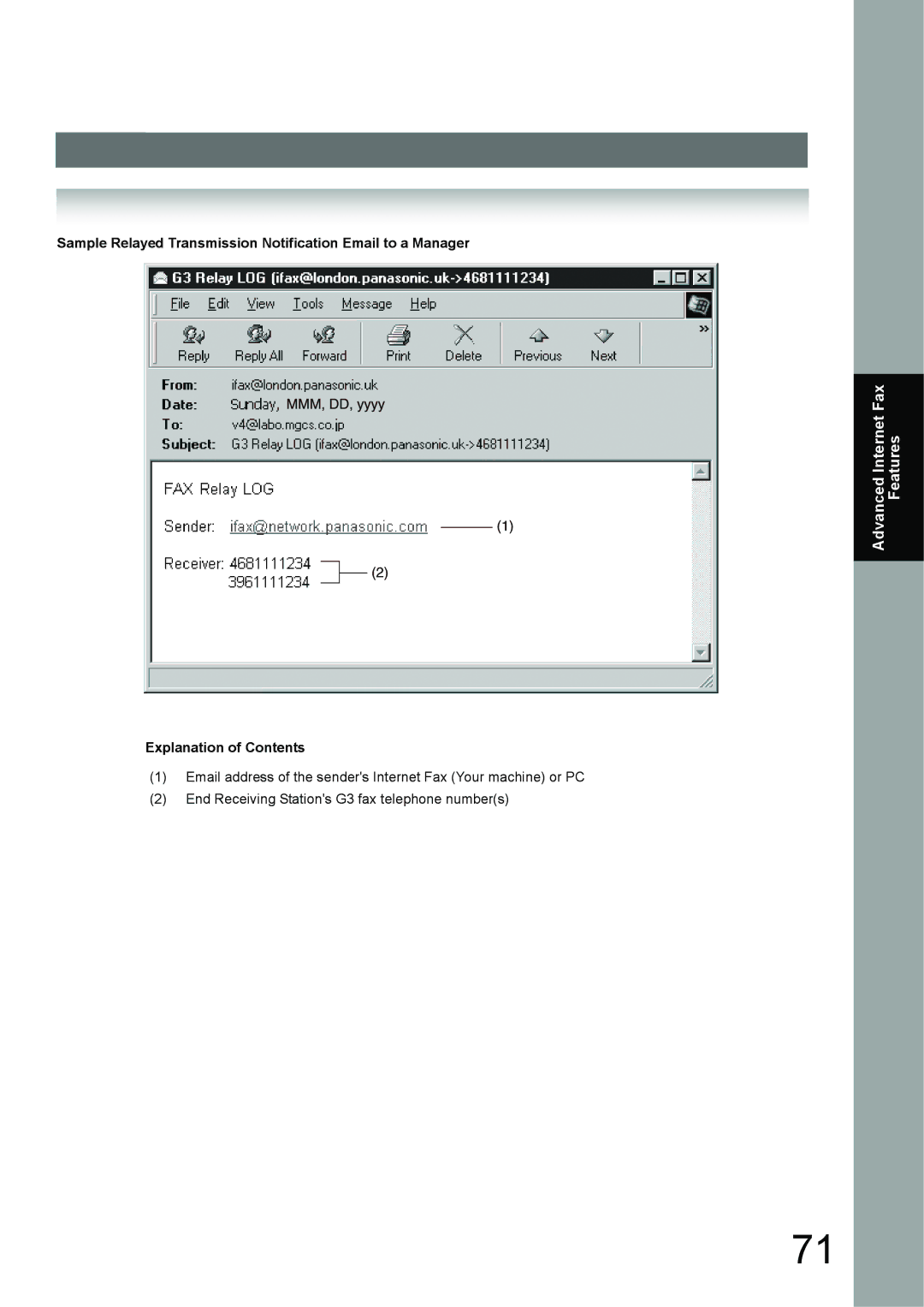 Panasonic UF-6950, UF-7950 appendix Sample Relayed Transmission Notification Email to a Manager 