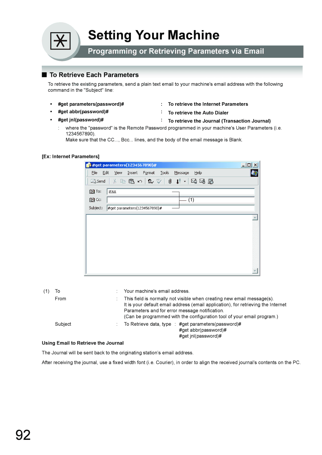 Panasonic UF-7950, UF-6950 appendix To Retrieve Each Parameters, Ex Internet Parameters, Using Email to Retrieve the Journal 