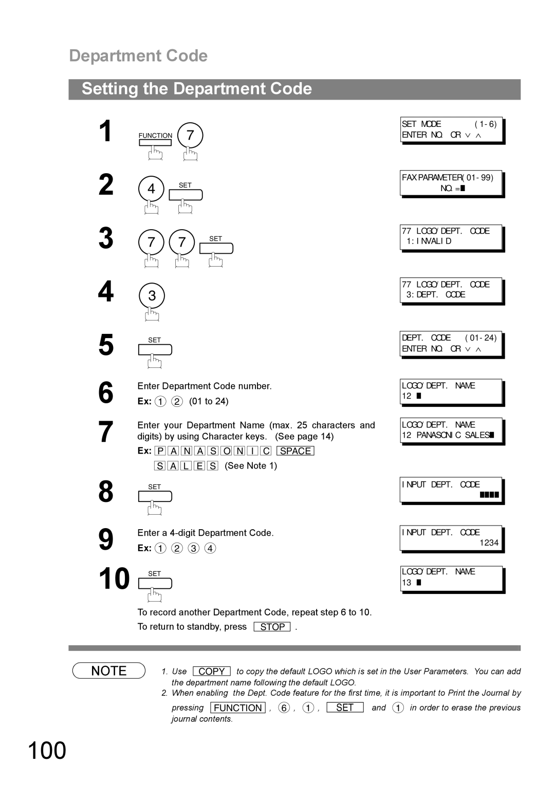 Panasonic UF-890/990 appendix 100, Setting the Department Code, Ex P 