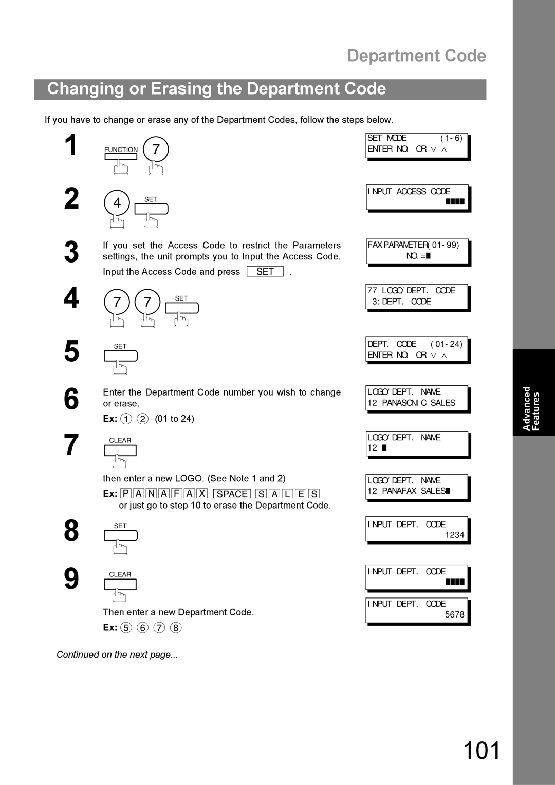 Panasonic UF-890/990 appendix 101, Changing or Erasing the Department Code, Then enter a new Department Code Ex 5 6 7 