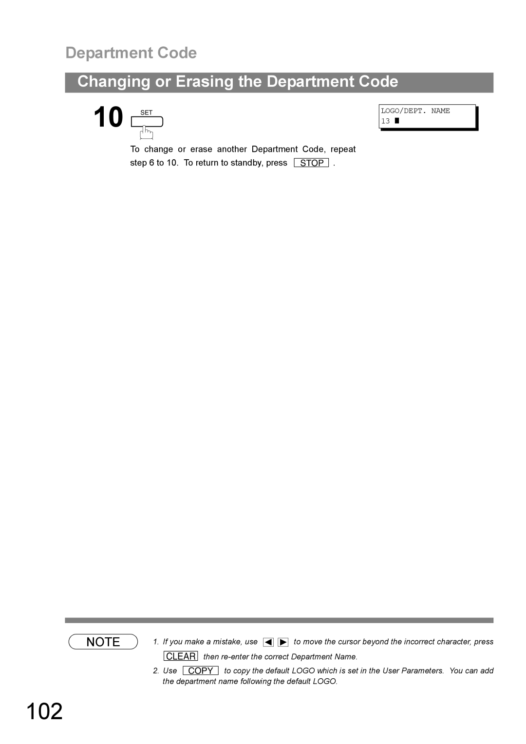 Panasonic UF-890/990 appendix 102, LOGO/DEPT. Name 