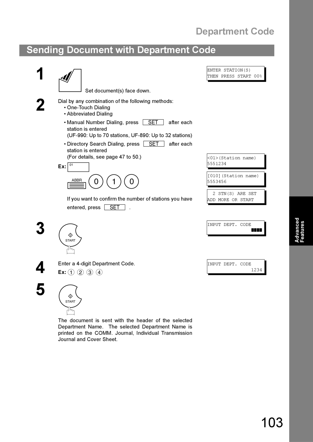 Panasonic UF-890/990 appendix 103, Sending Document with Department Code, Enter a 4-digit Department Code Ex 1 2 3 