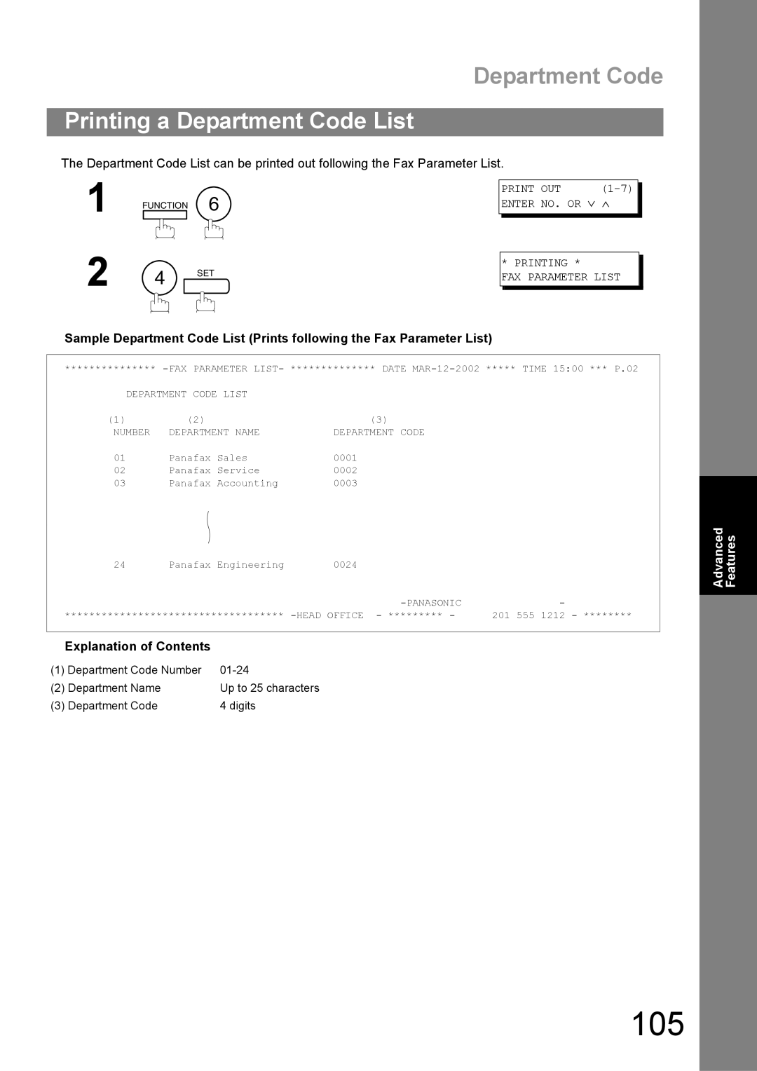 Panasonic UF-890/990 appendix 105, Printing a Department Code List 