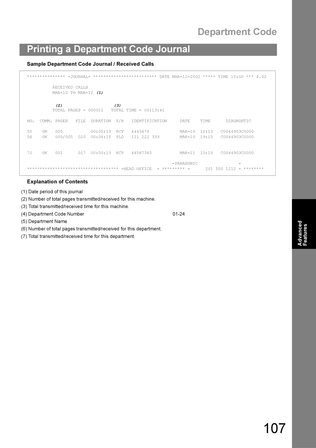 Panasonic UF-890/990 appendix 107, Sample Department Code Journal / Received Calls 