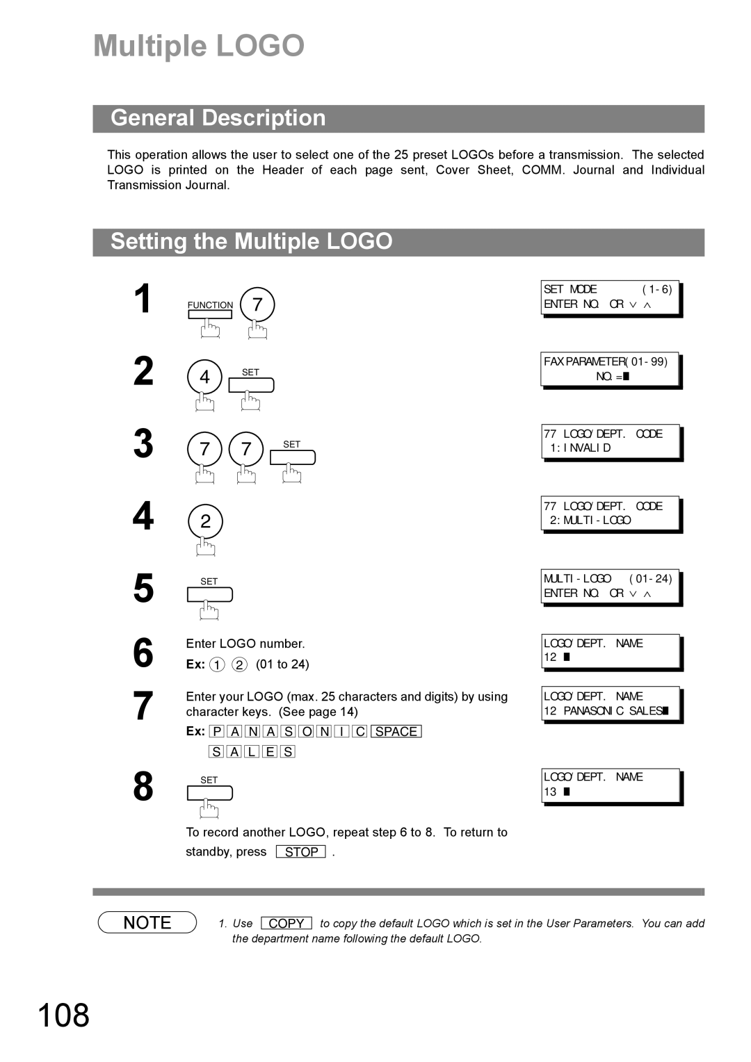 Panasonic UF-890/990 appendix 108, Setting the Multiple Logo 