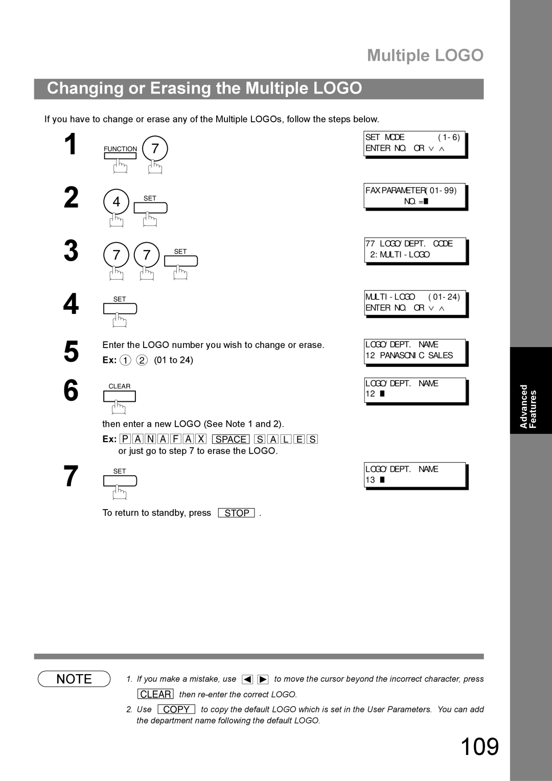 Panasonic UF-890/990 appendix 109, Changing or Erasing the Multiple Logo 